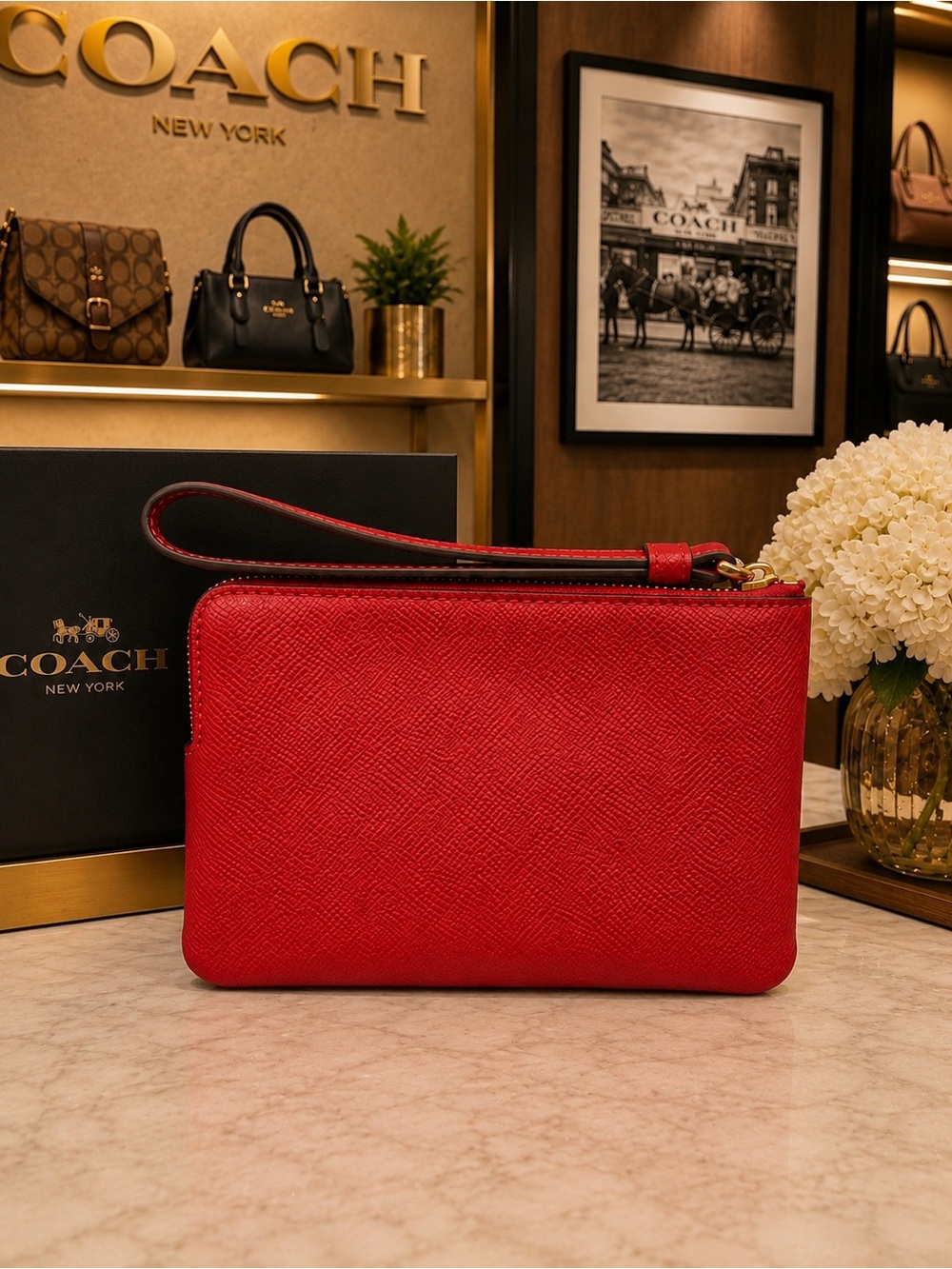 Coach Corner Zip Wristlet 1941 Red Crossgrain Leather… - Gem